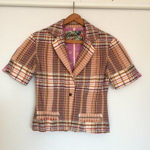 Robert Graham Womens Jacket Blazer Size 2 Plaid Short Sleeve Rayon Nylon